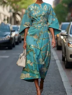 Hot Women's Midi Dress Floral Dress Print Dress Elegant Fashion Outdoor Vacation Daily Regular Fit Flower Half Sleeve Crew Neck Black Pink Blue Purple Summer Women Floral Dresses
