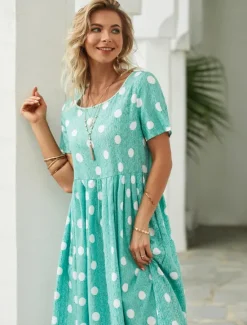 Best Women's Midi Dress Floral Polka Dot Pocket Print Crew Neck aily Date Short Sleeve Summer Spring Women Casual Dress