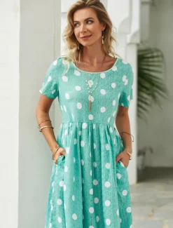 Best Women's Midi Dress Floral Polka Dot Pocket Print Crew Neck aily Date Short Sleeve Summer Spring Women Casual Dress