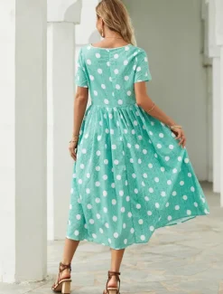Best Women's Midi Dress Floral Polka Dot Pocket Print Crew Neck aily Date Short Sleeve Summer Spring Women Casual Dress
