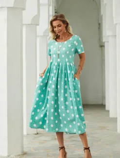 Best Women's Midi Dress Floral Polka Dot Pocket Print Crew Neck aily Date Short Sleeve Summer Spring Women Casual Dress