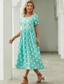 Best Women's Midi Dress Floral Polka Dot Pocket Print Crew Neck aily Date Short Sleeve Summer Spring Women Casual Dress