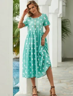 Best Women's Midi Dress Floral Polka Dot Pocket Print Crew Neck aily Date Short Sleeve Summer Spring Women Casual Dress