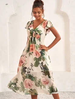 Women's Midi Dress Floral V-Neck A-Line Flutter Sleeve Rose Pattern Lightweight Summer Garden Party Wedding Guest Brunch Flowy Feminine White Pink Green Women Chiffon Dresses