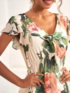 Women's Midi Dress Floral V-Neck A-Line Flutter Sleeve Rose Pattern Lightweight Summer Garden Party Wedding Guest Brunch Flowy Feminine White Pink Green Women Chiffon Dresses