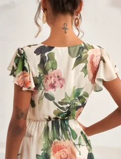 Women's Midi Dress Floral V-Neck A-Line Flutter Sleeve Rose Pattern Lightweight Summer Garden Party Wedding Guest Brunch Flowy Feminine White Pink Green Women Chiffon Dresses
