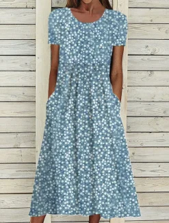 New Women's Midi Dress Floral Dress Summer Dress Print Dress Fashion Streetwear Modern Outdoor Daily Date Loose Fit Floral Ditsy Floral Short Sleeve Crew Neck Navy Blue Royal Blue Blue Dark Blue Summer Women Casual Dress