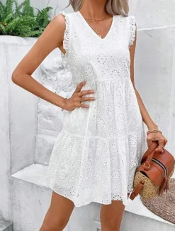 Discount Women's Midi Dress Graduation Dress Tiered Dress Boho Dress Elegant Cap Sleeve Daily Going out Festival Regular Fit Embroidery Sleeveless V Neck Summer Spring Women White Dresses