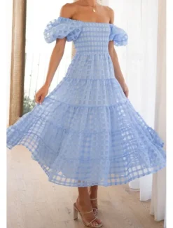 Hot Women's Midi Dress Graduation Dress Fashion Modern Lantern Sleeve Vacation Graduation Weekend Regular Fit Plain Short Sleeve Off Shoulder Black White Yellow Pink Summer Women Vacation Dresses