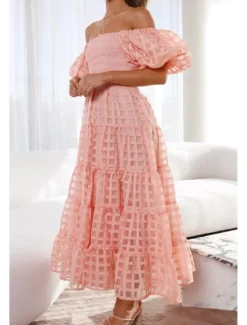 Hot Women's Midi Dress Graduation Dress Fashion Modern Lantern Sleeve Vacation Graduation Weekend Regular Fit Plain Short Sleeve Off Shoulder Black White Yellow Pink Summer Women Vacation Dresses