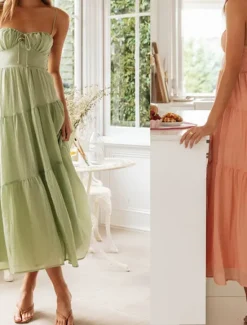 Hot Women's Midi Dress Graduation Dress Slip Dress Fashion Modern Birthday Date Going out Regular Fit Plain Sleeveless Spaghetti Strap Orange Green Summer Women Vacation Dresses