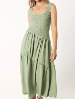 New Women's Midi Dress Graduation Dress Casual Dress A Line Dress Summer Dress Stylish Casual Vacation Daily Date Regular Fit Plain Sleeveless Scoop Neck Black White Light Green Pink Summer Women White Dresses