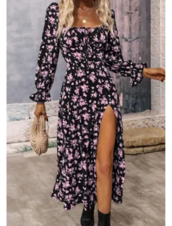 Online Women's Midi Dress Graduation Dress Floral Dress Fashion Modern Outdoor Vacation Holiday Regular Fit Flower Long Sleeve Square Neck White Blue Purple Gold Summer Women Floral Dresses