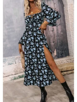 Online Women's Midi Dress Graduation Dress Floral Dress Fashion Modern Outdoor Vacation Holiday Regular Fit Flower Long Sleeve Square Neck White Blue Purple Gold Summer Women Floral Dresses