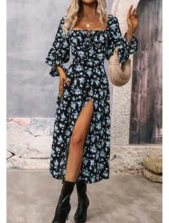 Online Women's Midi Dress Graduation Dress Floral Dress Fashion Modern Outdoor Vacation Holiday Regular Fit Flower Long Sleeve Square Neck White Blue Purple Gold Summer Women Floral Dresses