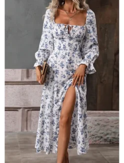 Online Women's Midi Dress Graduation Dress Floral Dress Fashion Modern Outdoor Vacation Holiday Regular Fit Flower Long Sleeve Square Neck White Blue Purple Gold Summer Women Floral Dresses