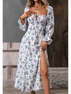 Online Women's Midi Dress Graduation Dress Floral Dress Fashion Modern Outdoor Vacation Holiday Regular Fit Flower Long Sleeve Square Neck White Blue Purple Gold Summer Women Floral Dresses