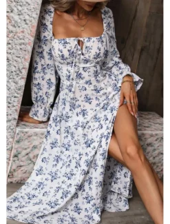 Online Women's Midi Dress Graduation Dress Floral Dress Fashion Modern Outdoor Vacation Holiday Regular Fit Flower Long Sleeve Square Neck White Blue Purple Gold Summer Women Floral Dresses