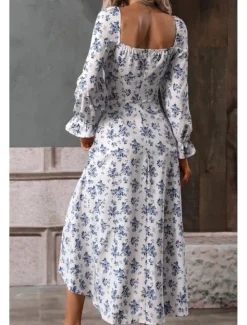 Online Women's Midi Dress Graduation Dress Floral Dress Fashion Modern Outdoor Vacation Holiday Regular Fit Flower Long Sleeve Square Neck White Blue Purple Gold Summer Women Floral Dresses