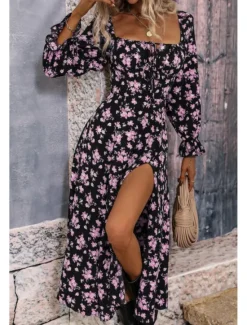 Online Women's Midi Dress Graduation Dress Floral Dress Fashion Modern Outdoor Vacation Holiday Regular Fit Flower Long Sleeve Square Neck White Blue Purple Gold Summer Women Floral Dresses