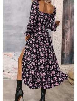 Online Women's Midi Dress Graduation Dress Floral Dress Fashion Modern Outdoor Vacation Holiday Regular Fit Flower Long Sleeve Square Neck White Blue Purple Gold Summer Women Floral Dresses