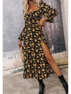 Online Women's Midi Dress Graduation Dress Floral Dress Fashion Modern Outdoor Vacation Holiday Regular Fit Flower Long Sleeve Square Neck White Blue Purple Gold Summer Women Floral Dresses