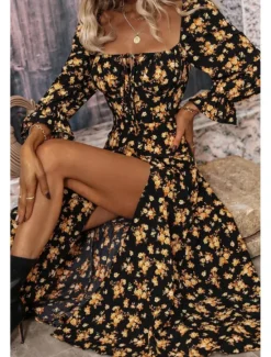 Online Women's Midi Dress Graduation Dress Floral Dress Fashion Modern Outdoor Vacation Holiday Regular Fit Flower Long Sleeve Square Neck White Blue Purple Gold Summer Women Floral Dresses