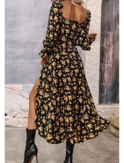 Online Women's Midi Dress Graduation Dress Floral Dress Fashion Modern Outdoor Vacation Holiday Regular Fit Flower Long Sleeve Square Neck White Blue Purple Gold Summer Women Floral Dresses