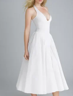Outlet Women's Midi Dress Graduation Dress Pleated Dress Boho Wedding Guest Dress Elegant Bodycon Dress Solid Color Sleeveless Halter Neck Summer Women White Dresses