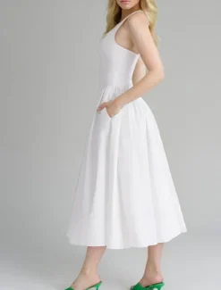 Outlet Women's Midi Dress Graduation Dress Pleated Dress Boho Wedding Guest Dress Elegant Bodycon Dress Solid Color Sleeveless Halter Neck Summer Women White Dresses