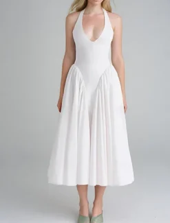 Outlet Women's Midi Dress Graduation Dress Pleated Dress Boho Wedding Guest Dress Elegant Bodycon Dress Solid Color Sleeveless Halter Neck Summer Women White Dresses