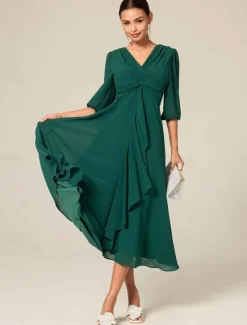 Outlet Women's Midi Dress Green Solid Color V-Neck Half Sleeve Ruffled Sophisticated Chic Zip-Back Summer Semi-Formal Wedding Party Evening Elegant Flowy Lightweight Apparel Women Chiffon Dresses