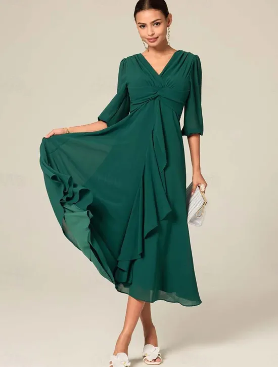 Outlet Women's Midi Dress Green Solid Color V-Neck Half Sleeve Ruffled Sophisticated Chic Zip-Back Summer Semi-Formal Wedding Party Evening Elegant Flowy Lightweight Apparel Women Chiffon Dresses