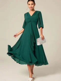 Outlet Women's Midi Dress Green Solid Color V-Neck Half Sleeve Ruffled Sophisticated Chic Zip-Back Summer Semi-Formal Wedding Party Evening Elegant Flowy Lightweight Apparel Women Chiffon Dresses