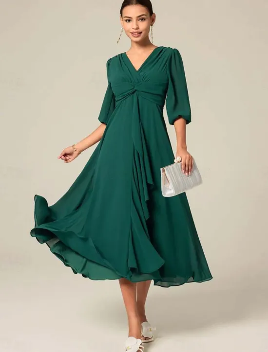 Outlet Women's Midi Dress Green Solid Color V-Neck Half Sleeve Ruffled Sophisticated Chic Zip-Back Summer Semi-Formal Wedding Party Evening Elegant Flowy Lightweight Apparel Women Chiffon Dresses