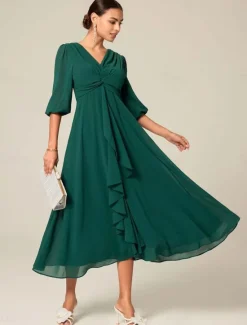 Outlet Women's Midi Dress Green Solid Color V-Neck Half Sleeve Ruffled Sophisticated Chic Zip-Back Summer Semi-Formal Wedding Party Evening Elegant Flowy Lightweight Apparel Women Chiffon Dresses