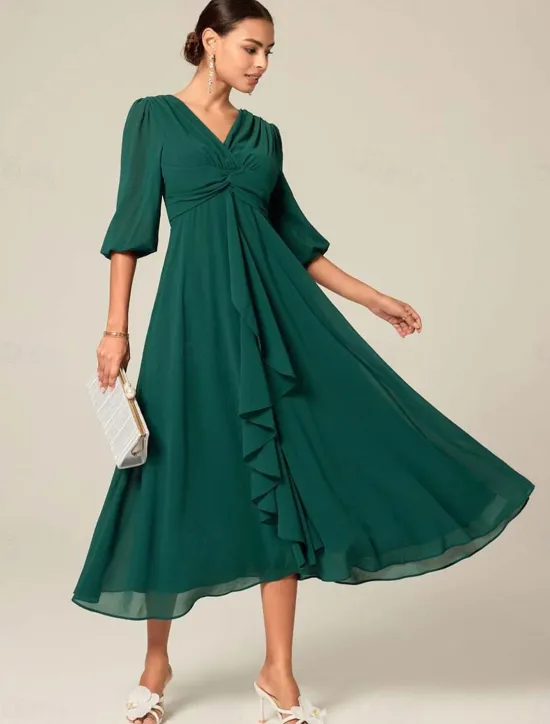 Outlet Women's Midi Dress Green Solid Color V-Neck Half Sleeve Ruffled Sophisticated Chic Zip-Back Summer Semi-Formal Wedding Party Evening Elegant Flowy Lightweight Apparel Women Chiffon Dresses