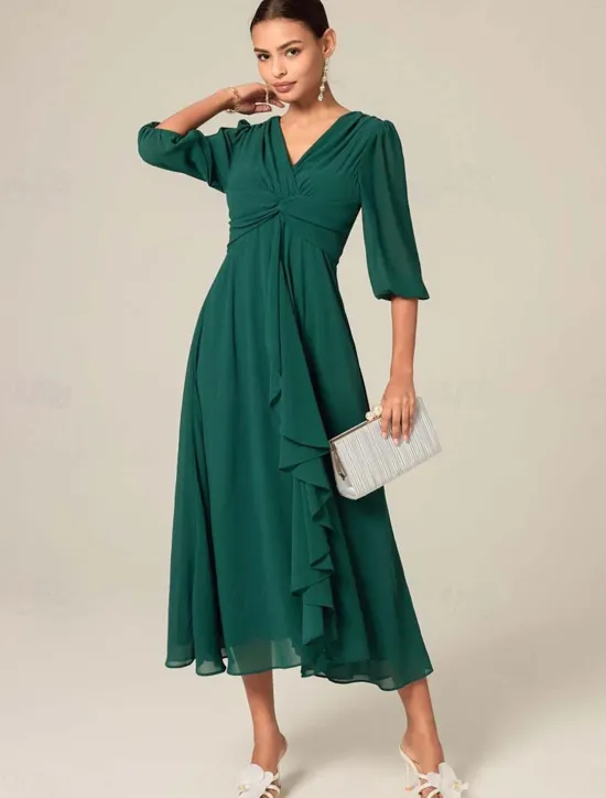 Outlet Women's Midi Dress Green Solid Color V-Neck Half Sleeve Ruffled Sophisticated Chic Zip-Back Summer Semi-Formal Wedding Party Evening Elegant Flowy Lightweight Apparel Women Chiffon Dresses