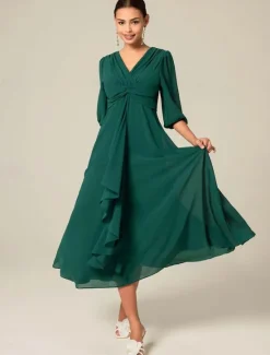 Outlet Women's Midi Dress Green Solid Color V-Neck Half Sleeve Ruffled Sophisticated Chic Zip-Back Summer Semi-Formal Wedding Party Evening Elegant Flowy Lightweight Apparel Women Chiffon Dresses
