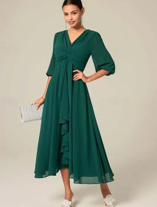 Outlet Women's Midi Dress Green Solid Color V-Neck Half Sleeve Ruffled Sophisticated Chic Zip-Back Summer Semi-Formal Wedding Party Evening Elegant Flowy Lightweight Apparel Women Chiffon Dresses