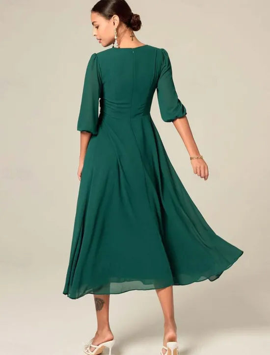 Outlet Women's Midi Dress Green Solid Color V-Neck Half Sleeve Ruffled Sophisticated Chic Zip-Back Summer Semi-Formal Wedding Party Evening Elegant Flowy Lightweight Apparel Women Chiffon Dresses