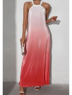 Sale Women's Midi Dress Halter Neck Dress Fashion Classic Vacation Daily Holiday Regular Fit Color Gradient Sleeveless Halter Neck Red Orange Brown Summer Women Sundresses
