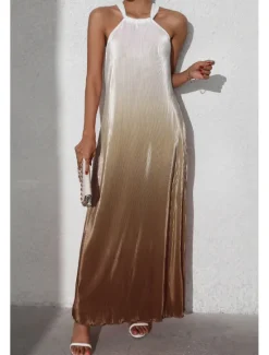 Sale Women's Midi Dress Halter Neck Dress Fashion Classic Vacation Daily Holiday Regular Fit Color Gradient Sleeveless Halter Neck Red Orange Brown Summer Women Sundresses