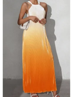 Sale Women's Midi Dress Halter Neck Dress Fashion Classic Vacation Daily Holiday Regular Fit Color Gradient Sleeveless Halter Neck Red Orange Brown Summer Women Sundresses