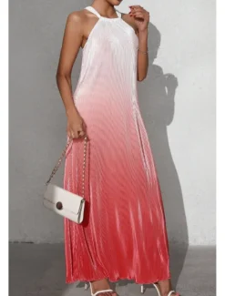 Sale Women's Midi Dress Halter Neck Dress Fashion Classic Vacation Daily Holiday Regular Fit Color Gradient Sleeveless Halter Neck Red Orange Brown Summer Women Sundresses