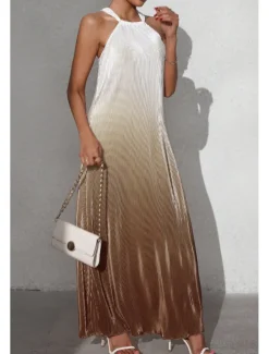 Sale Women's Midi Dress Halter Neck Dress Fashion Classic Vacation Daily Holiday Regular Fit Color Gradient Sleeveless Halter Neck Red Orange Brown Summer Women Sundresses