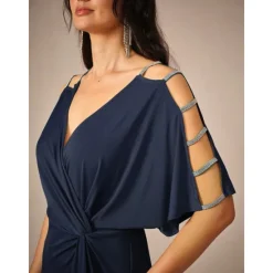 Online Women's Midi Dress Knit Dress Elegant Stylish Party Date Regular Fit Solid Color Short Sleeve V Neck Summer Women Cocktail Dress