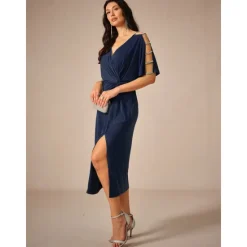 Online Women's Midi Dress Knit Dress Elegant Stylish Party Date Regular Fit Solid Color Short Sleeve V Neck Summer Women Cocktail Dress