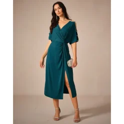 Outlet Women's Midi Dress Knit Dress Elegant Stylish Party Date Regular Fit Solid Color Short Sleeve V Neck Summer Women Cocktail Dress