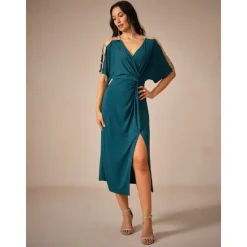 Outlet Women's Midi Dress Knit Dress Elegant Stylish Party Date Regular Fit Solid Color Short Sleeve V Neck Summer Women Cocktail Dress